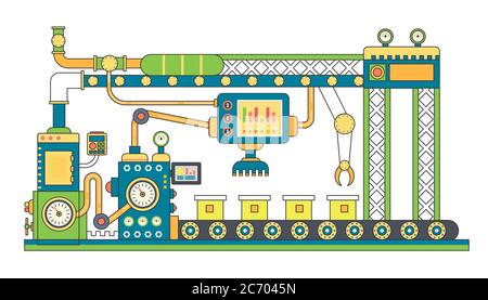 Vektorgrafik für industrielle Förderbänder. Transportband Prozess abstrakte Maschinenproduktion Stock Vektor