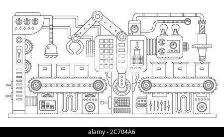 Abbildung des Vektorgrafikes für die Linie des industriellen Förderbandes. Transportband Prozess abstrakte Maschinenproduktion. Streichenlinie Stock Vektor