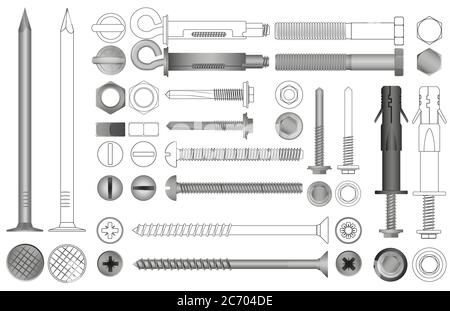 Vector Set von realistischen und Linienmuttern, Schrauben, Schrauben und Nieten Stock Vektor