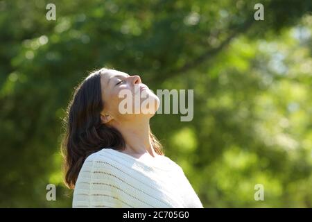 Entspannte Frau mittleren Alters atmet frische Luft im Park im Sommer stehen Stockfoto