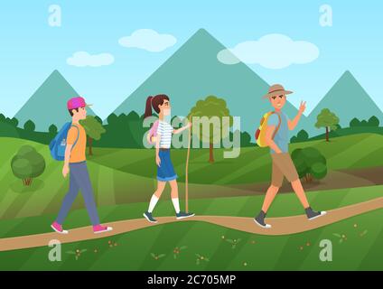Fröhliche Gruppe von Touristen zu Fuß auf der Straße in der Nähe der Berge Vektor-Illustration Stock Vektor
