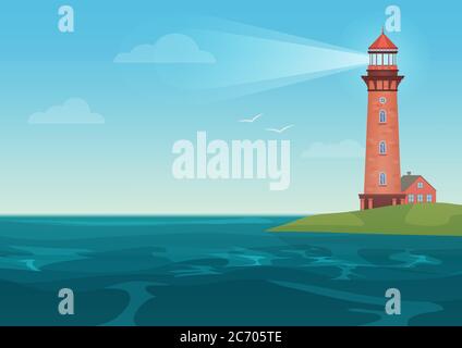 Leuchtturm auf der kleinen Insel Cartoon Landschaft. Beacon in Ocean für Navigation Vektor Illustration Stock Vektor