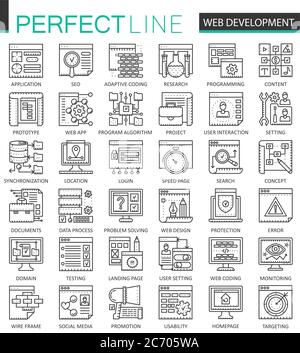 Web-Entwicklung skizzieren Konzept Symbole. Perfekte dünne Linien Symbole. SEO moderne lineare Strichstil Illustrationen Set Stock Vektor