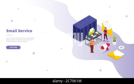 E-Mail-Service Mann Frau in der Nähe Rechenzentrum Server Kampagne für Web-Website Home Homepage Landing Template Banner mit isometrischen 3d Stock Vektor