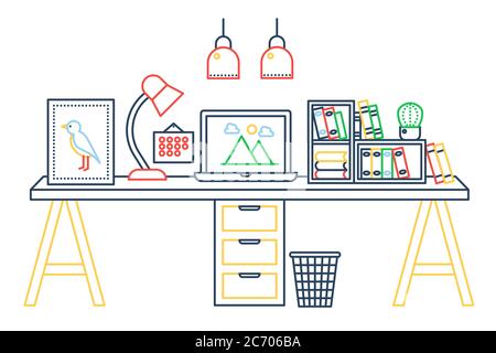 Linearer Bürotisch mit Computer-Arbeitsplatz und andere Ausstattung in Büro-Innenansicht. Vorlage für Web-Banner mit dünnen Linien Stock Vektor
