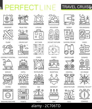 Symbole für das Konzept der Kreuzfahrt. Perfekte dünne Linien Symbole. Moderne Strichlinie lineare Stil Illustrationen Set Stock Vektor