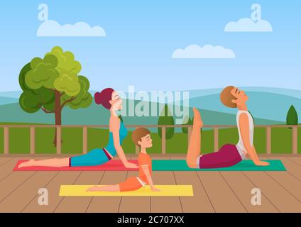 Eltern mit Mädchen Kind tut Yoga verschiedene Übungen. Familien Yoga Vektor Illustration Stock Vektor