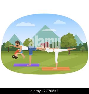 Eltern mit Kind macht Yoga verschiedene Übungen. Familien Yoga Vektor Illustration Stock Vektor