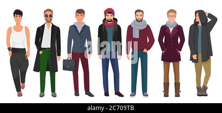 Schönes und stilvolles Herren Set. Cartoon Jungs männlichen Figuren in trendigen Mode-Kleidung. Vektorgrafik Stock Vektor