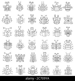 Dünne Linie Insekten Symbole gesetzt. Outline Schmetterling, Bugs Sammlung Stock Vektor