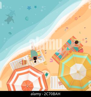 Vektor-Illustration von Frauen liegen und entspannen am Strand in der Nähe des Meeres von oben. Sommer Strand Blick von oben Stock Vektor