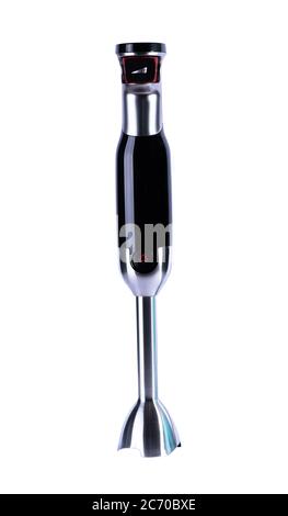 Schwarzer Stabmixer auf weißem Hintergrund. Stockfoto