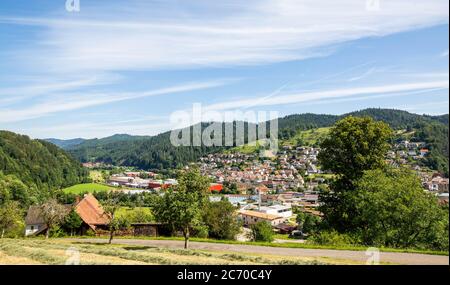 Oppenau, Deutschland. Juli 2020. Das Dorf Oppenau ist von Bergen und Wäldern in einem Tal umgeben. Ein großes Polizeikontingent hat nach einem bewaffneten Mann gesucht, der die Inspektionsbeamten während einer Inspektion entwaffnet und geflohen haben soll. Die Polizei sucht nun den Mann in den Wäldern um das Dorf herum. Quelle: Philipp von Ditfurth/dpa/Alamy Live News Stockfoto