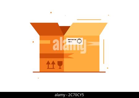 Offener brauner Karton mit Stempel und Adresse, flache Vektorgrafik isoliert auf weißem Hintergrund. Stockfoto