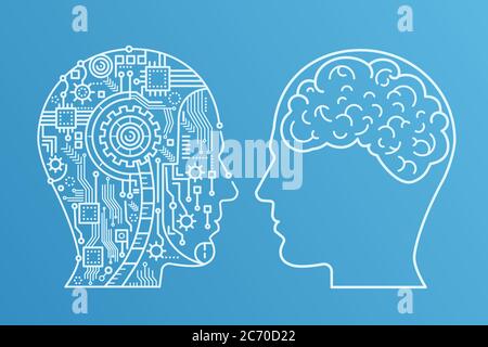 Skizzieren Schlaganfall Maschinenkopf von Cyborg und der menschliche mit dem Gehirn. Vektordarstellung im Linienstil Stock Vektor