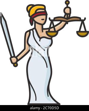 Lady Justice oder Themis Femida, mit verbundenen Augen mit Balken Gleichgewicht und Schwert, isolierte Cartoon-Charakter Vektor-Illustration für den Welttag für International Stock Vektor