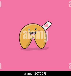 Niedliche Kawaii Glück Cookie mit valentine-Symbol auf Nachricht Slip Vektor Illustration für Fortune Cookie Day am 20. Juli. Japanisches Pop-Kultur-Symbol. Stock Vektor