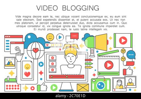 Video Blogger Flat line Konzept. Computerbildschirm mit weiblichen Bloggerin. Persönliche Blogging Kanal Rundfunk dünne Umriss Schlaganfall Vektor Illustration Stock Vektor