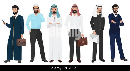 Arabischer Geschäftsmann Menschen. Muslimische arabische Büro männliche Menschen eingestellt Stock Vektor