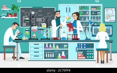 Labormitarbeiter Assistenten arbeiten im wissenschaftlichen medizinisch biologischen Labor. Chemische Experimente. Cartoon Vektorgrafik Stock Vektor