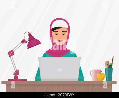 Muslimische Geschäft hübsche Frau in traditioneller Kleidung, die auf Laptop arbeitet. Arabische weibliche Vektor-Illustration Stock Vektor