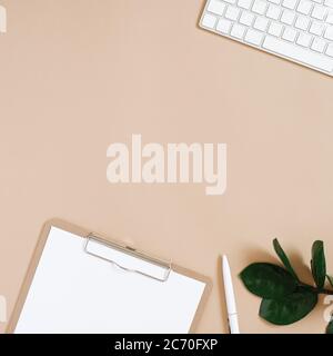 Die Wohnung lag am Arbeitsplatz des Heimbüros. Bürobedarf: Tastatur, Maus, Stift, Tablett mit einem sauberen Blatt Papier und einem Zweig Stockfoto