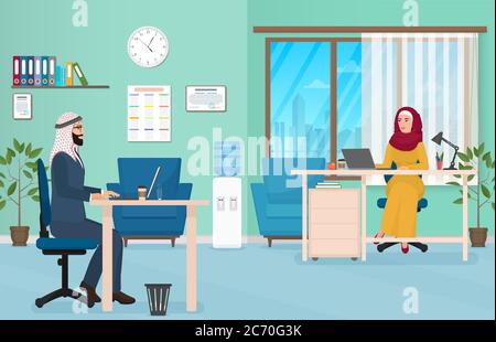 Arab Business People in Office. Muslimisch arabisch männlich und weiblich arbeiten auf dem Laptop. Vektorgrafik Stock Vektor