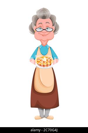 Alles gute zum Großeltern Tag. Kind Oma hält köstliche Kuchen. Nette alte Frau. Fröhliche Großmutter Cartoon-Charakter. Vektordarstellung isoliert auf Whi Stock Vektor