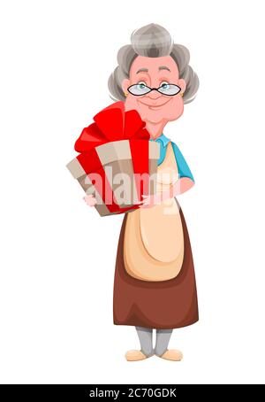 Alles gute zum Großeltern Tag. Kind Oma mit großen Geschenkbox. Nette alte Frau. Fröhliche Großmutter Cartoon-Charakter. Vektordarstellung isoliert auf weiß b Stock Vektor