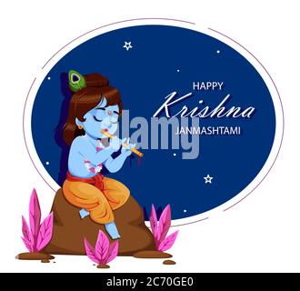 Glücklich Krishna Janmashtami. Lord Krishna spielt Flöte. Happy Janmashtami Festival von Indien. Vektorgrafik Stock Vektor