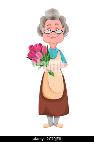 Alles gute zum Großeltern Tag. Kind Oma hält einen Strauß Tulpen. Nette alte Frau. Fröhliche Großmutter Cartoon-Charakter. Vektordarstellung isoliert Stock Vektor