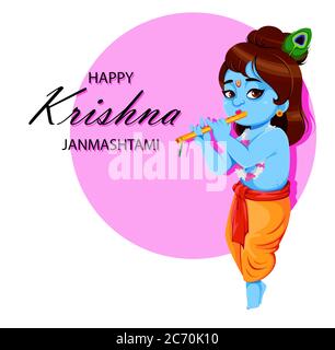 Glücklich Krishna Janmashtami. Lord Krishna mit Flöte. Happy Janmashtami Festival von Indien. Vektorgrafik Stock Vektor