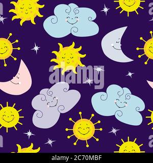 Nahtloses Muster. Niedliche gelbe Sonne, Mond und Wolken auf einem lila Hintergrund mit geschlossenen Augen. Vektor. Design, Dekor, Verpackung, Druck, Tapete Stock Vektor