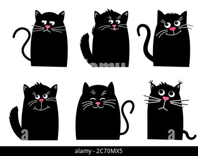 Set schwarze Katze. Lustige Kawaii Tier. Haustiere Sammlung. Isoliert auf weißem Hintergrund. Niedliche Cartoon-Figur. Vektor-Cartoon Illustration in flach. Stock Vektor