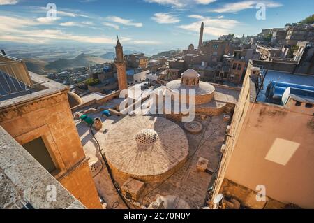 Mardin, Türkei - Januar 2020: Altstadt von Mardin Stadtbild mit Dach von türkischem Hamam und Minaretten Stockfoto