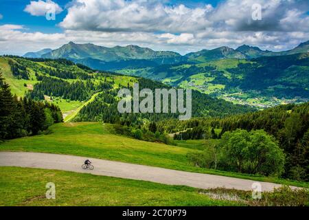 Blick von Les Gets-Morzine auf das Massiv von Aravis und Bornes, Haute-Savoie, Auvergne-Rhone-Alpes, Frankreich Stockfoto