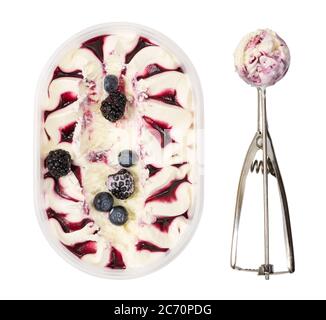 Eis mit frischer Heidelbeere und Brombeere in Plastikbox und Löffel mit Eis isoliert auf weißem Hintergrund. Draufsicht. Stockfoto