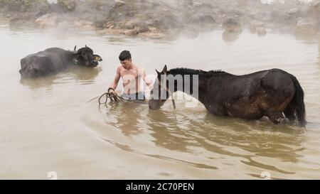 Guroymak, Bitlis, Türkei - Februar 2020: Kleiner Junge und sein Pferd im Thermalwasser, Freundschaft mit Haustieren, Tierdusche Stockfoto