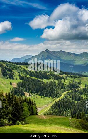 Blick von Les Gets-Morzine auf das Massiv von Aravis und Bornes, Haute-Savoie, Auvergne-Rhone-Alpes, Frankreich Stockfoto