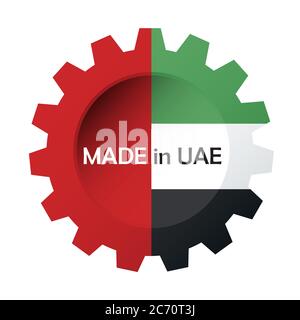 Hergestellt in den VAE. Gear legt die Farbe der Flagge der VAE fest. Konzept des Verkaufs oder des Geschäfts. Symbol für jedes Produkt, das Herkunftsland Vereinigte Arabische Emirate ist. Stockfoto