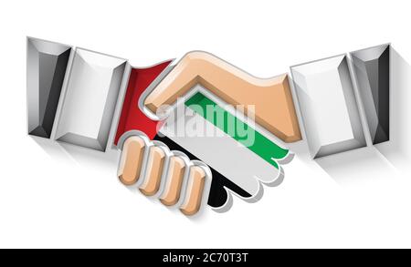 Hergestellt in UAE Handshake. Hand legt die Farbe der Flagge der VAE fest. Konzept des Verkaufs oder des Geschäfts. Isoliert auf weißem Hintergrund. Stockfoto