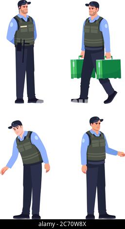 Bank Security Officer semi flach RGB Farbe Vektor Illustration set. Offizier mit kugelsicherer Weste. Mann für Aktenkoffer Schutz. Polizeimann isoliert ca. Stock Vektor