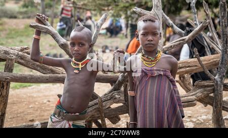 Omo Valley, Äthiopien - September 2017: Unbekannte Kinder aus dem Stamm Hamar im Omo Valley von Äthiopien Stockfoto