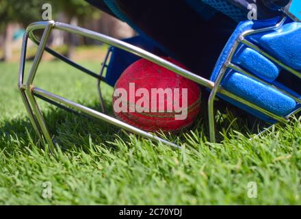 Kricket halmet und eine Kugel auf grünem Gras. Helm schützt Batsman von schnellen Bällen, die sonst Schaden zu spielen Person führen. Stockfoto