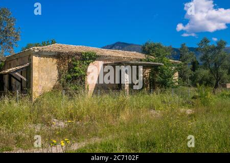 Blick auf verlassene alte Haus mit Mauern, mit Kriechpflanzen und Hof mit überwuchertem Gras bedeckt. Berge und blauer Himmel auf dem Hintergrund Stockfoto