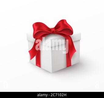 Weiße Geschenkbox mit roter Seidenschleife isoliert auf weißem Hintergrund. Vektorgrafik Stock Vektor