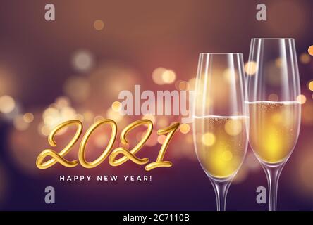 2021 Goldener Schriftzug Neujahrshintergrund mit einer Flasche und Gläsern Champagner und leuchtendem Bokeh-Licht. Vektorgrafik Stock Vektor