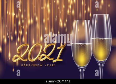2021 Goldener Schriftzug Neujahrshintergrund mit einer Flasche und Gläsern Champagner und leuchtendem Bokeh-Licht. Vektorgrafik Stock Vektor