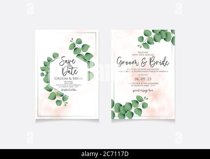 Hochzeitseinladungskarte Vorlage mit Eukalyptusblättern und Aquarell Hintergrund für speichern Sie das Datum, Einladung oder Grußkarte. Vektordesign Stock Vektor