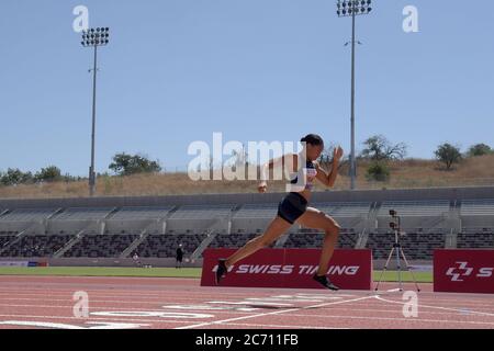 Allyson Felix gewinnt 16.81 die 150-Meter-Frauen-Rennen bei den Zürich Weltklasse Inspiration Games, Donnerstag, 9. Juli 2020, in Walnut, Kalifornien, die virtuelle com Stockfoto